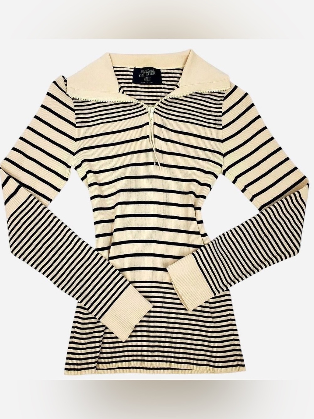 Vintage Jean Paul Gaultier Maille Striped Ribbed Knit Half-Zip Pullover w Collar